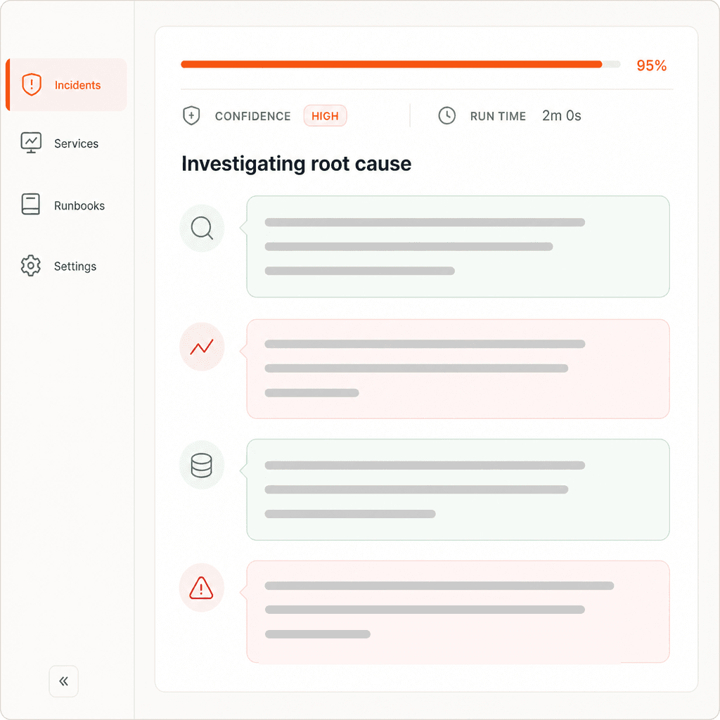 NeuBird AI SRE investigation console showing a near-complete progress bar, a confidence and run-time status row, an Investigating root cause header, and a stack of AI reasoning steps