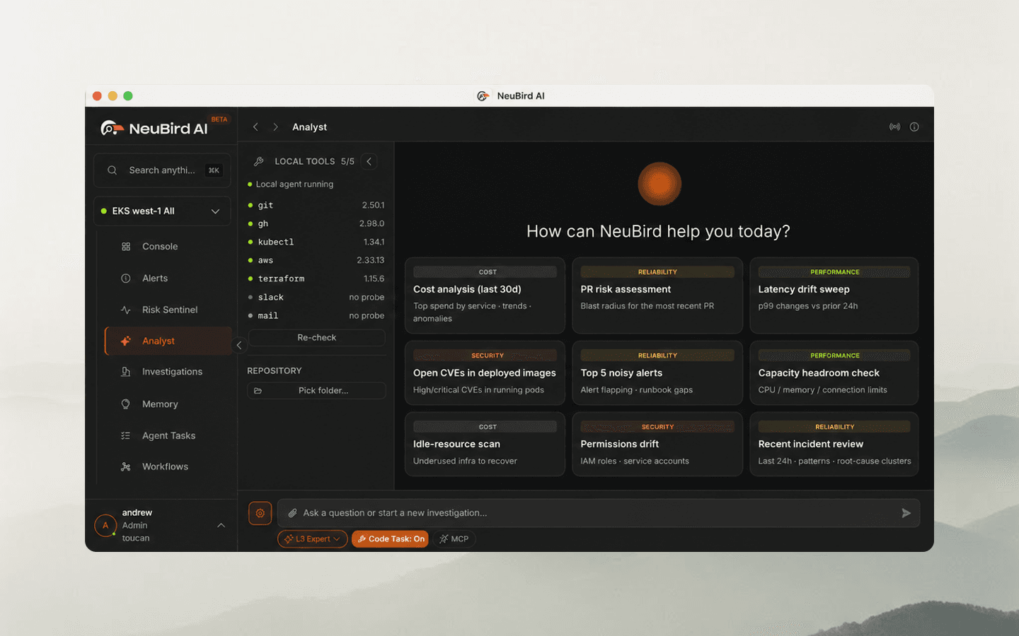 NeuBird AI macOS desktop app showing the Analyst view with local tools connected and suggested investigations for cost, reliability, security, and performance