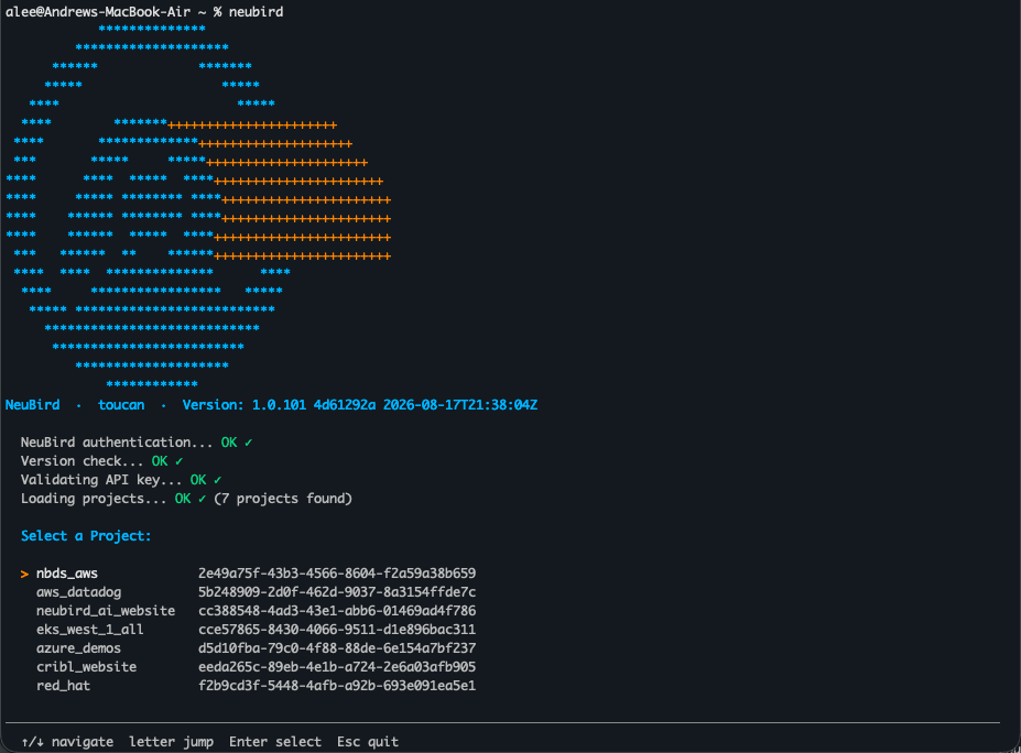 NeuBird terminal CLI showing authentication checks and a keyboard-navigable list of connected projects to select for investigation