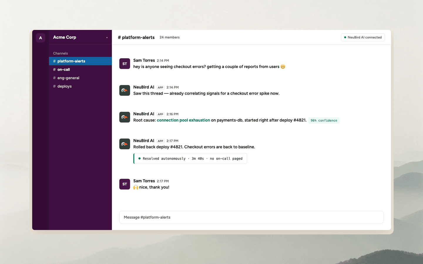 NeuBird AI in a Slack channel detecting a checkout error thread, identifying connection pool exhaustion as the root cause at 96% confidence, and resolving it autonomously in under four minutes