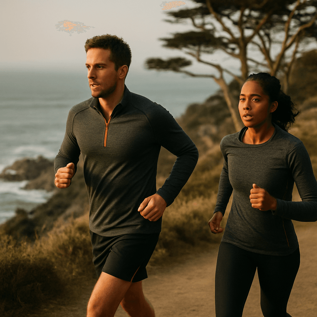 Runners on the Lands End coastal trail above the Pacific Ocean