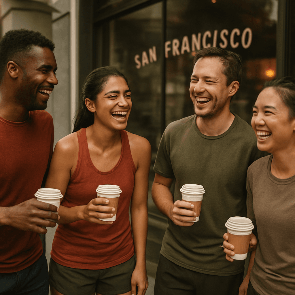 Running club members gathered with coffee after a run outside a San Francisco cafe