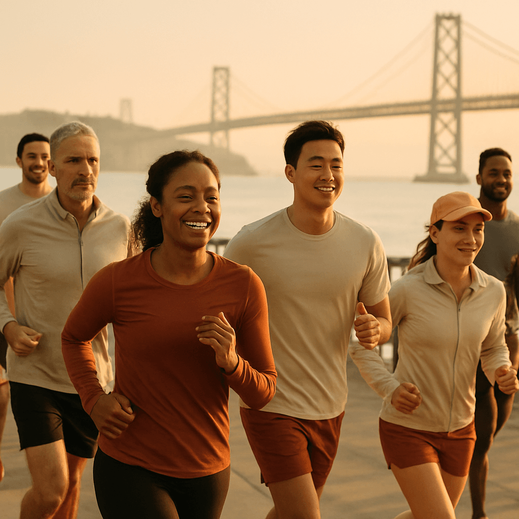 NeuBird Run Club members jogging along the San Francisco Embarcadero at sunrise